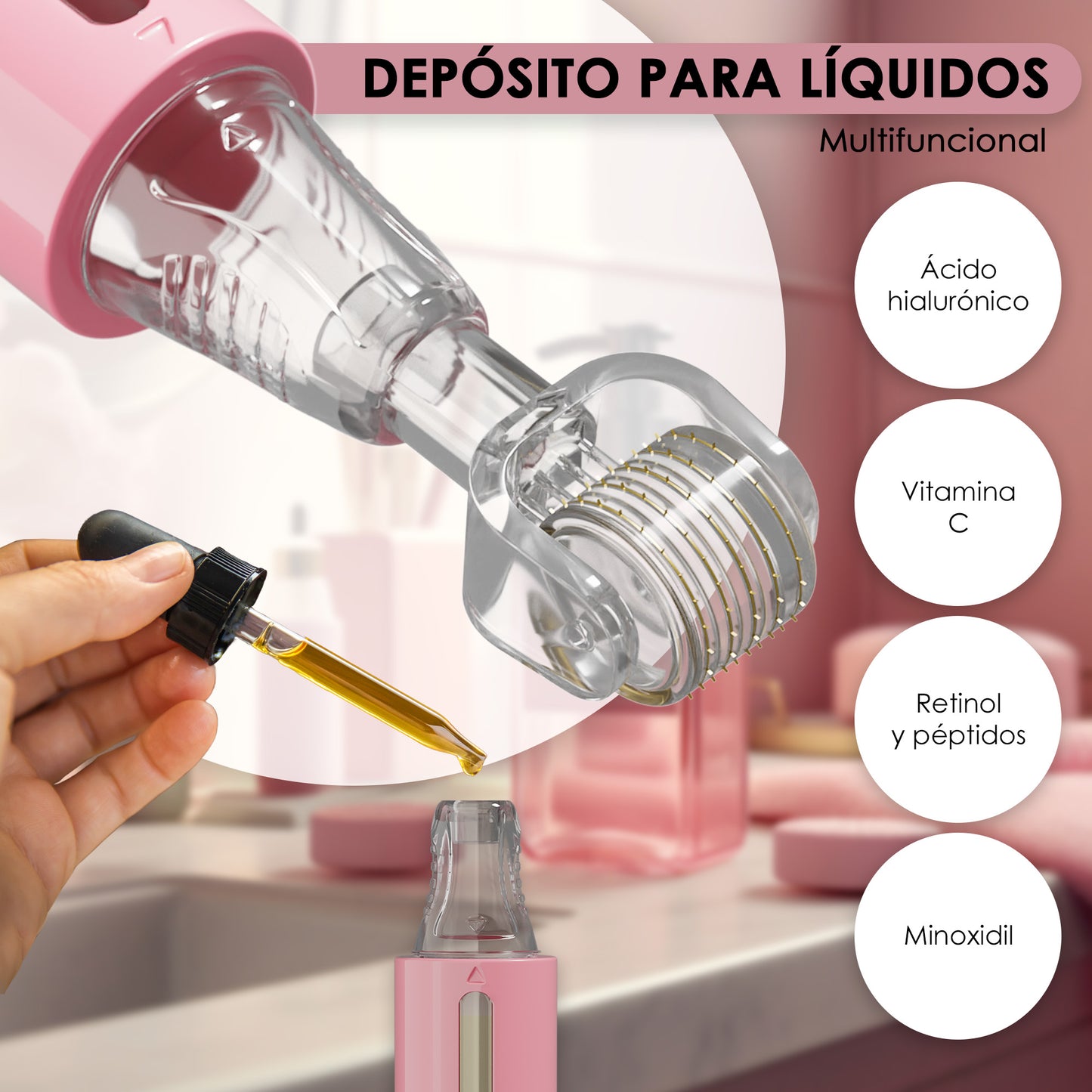 Derma roller con depósito de sérum, rosa 0,25 mm