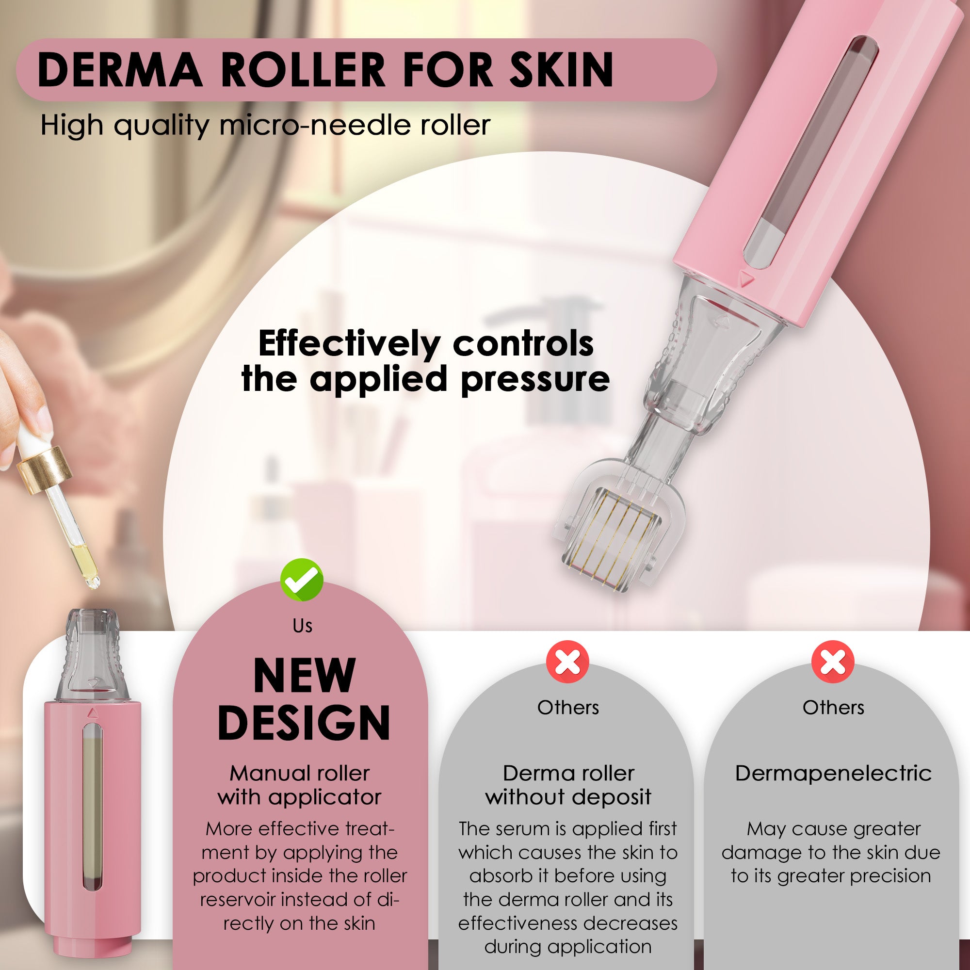 Derma roller con depósito de sérum, rosa 0,25 mm | HAMINOS®️