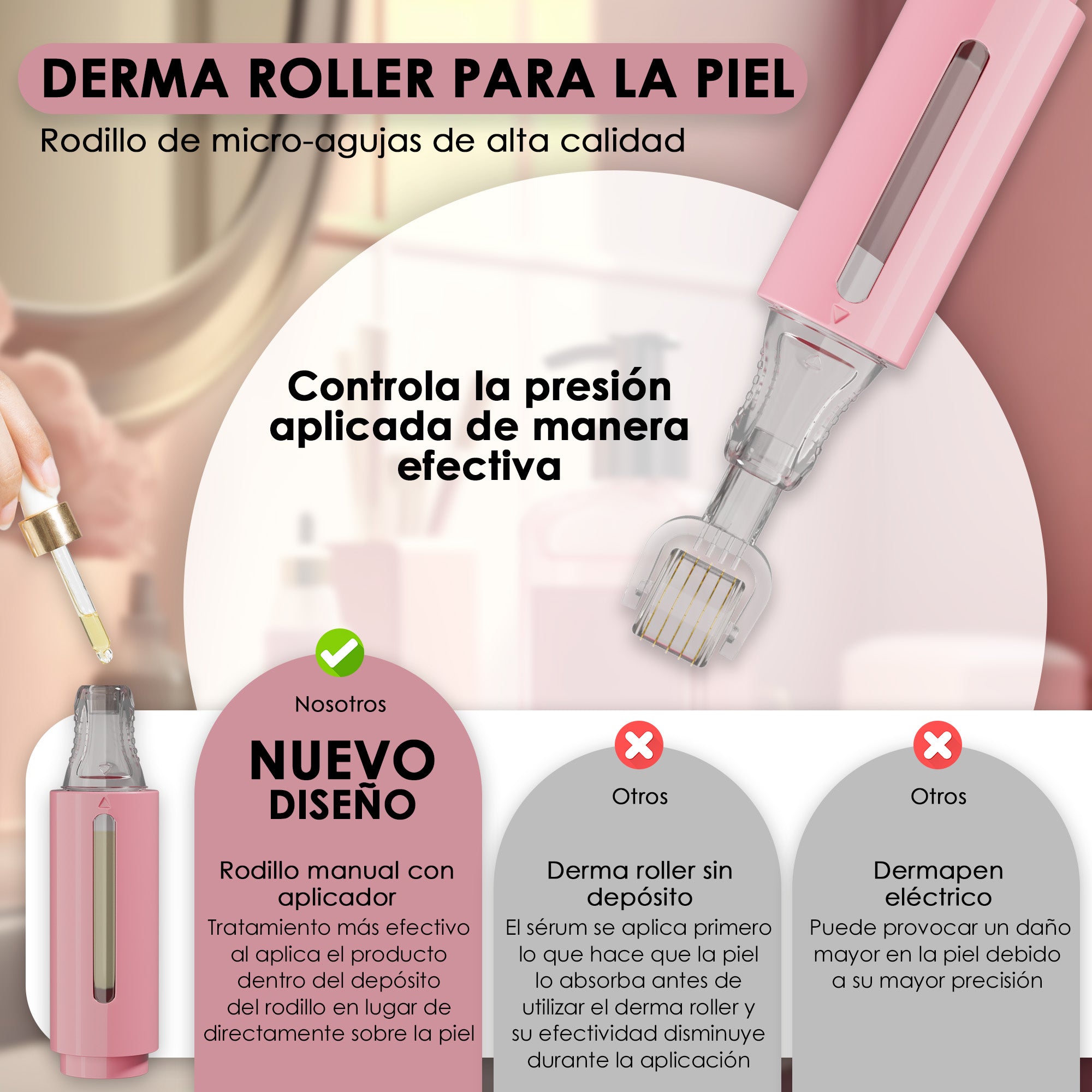 Derma roller con depósito de sérum, rosa 0,50 mm | HAMINOS®