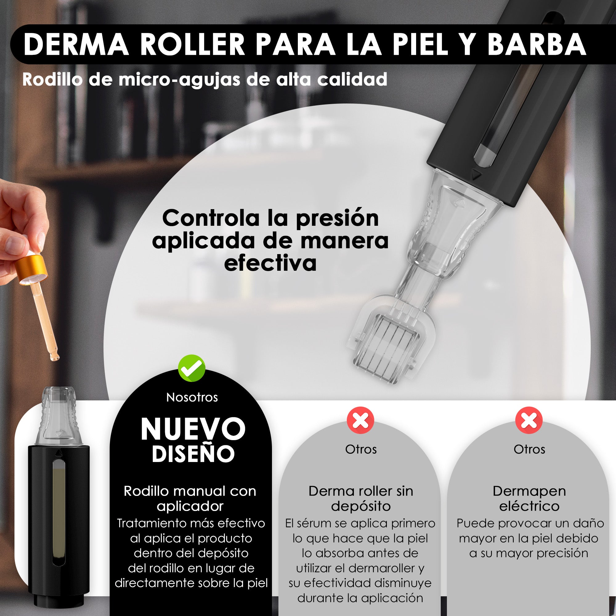 Derma roller con depósito de serum, negro 0.25mm | Haminos®️