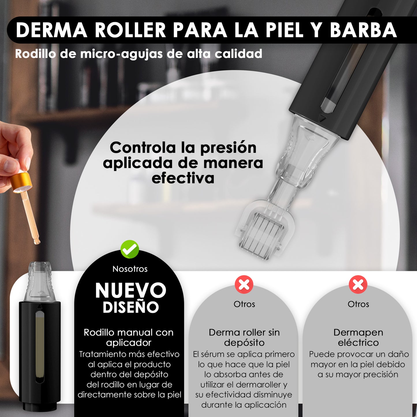 Derma roller con depósito de serum, negro 0.50mm