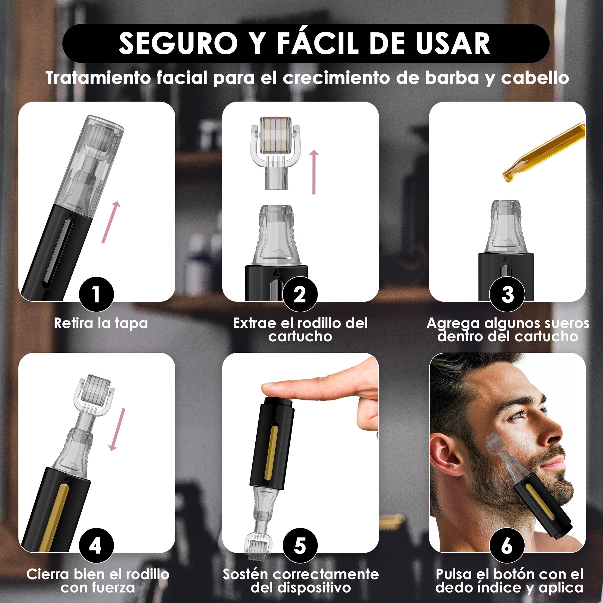 Derma roller con depósito de serum, negro 0.25mm | Haminos®️