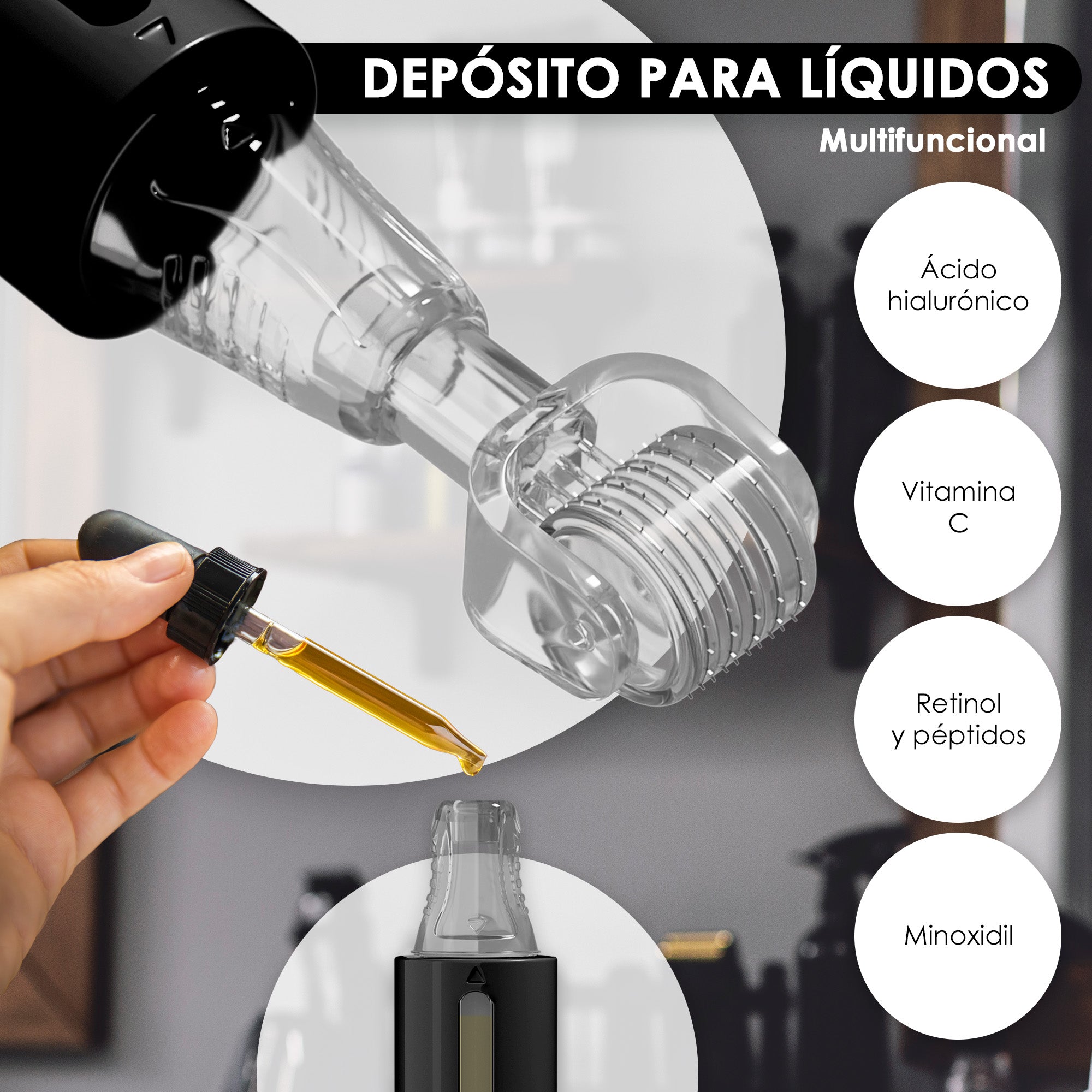 Derma roller con depósito de serum, negro 0.25mm | Haminos®️